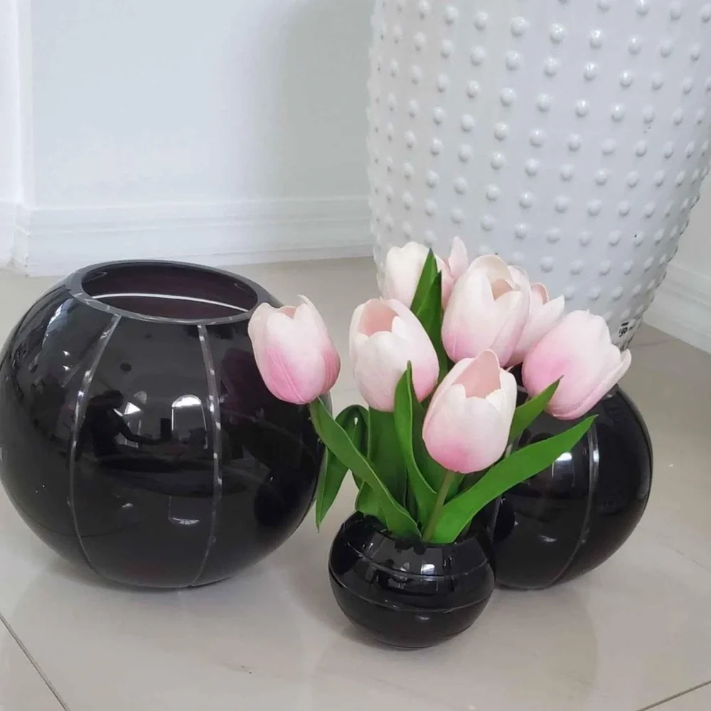 Elegant Vintage Set of 3 Black Ball Vase
